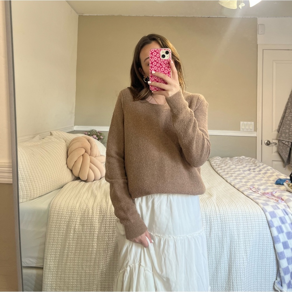 Madewell Brown Crossover Waffle Knit Crewneck Woven Sweater Women’s Size Medium - Picture 5 of 11